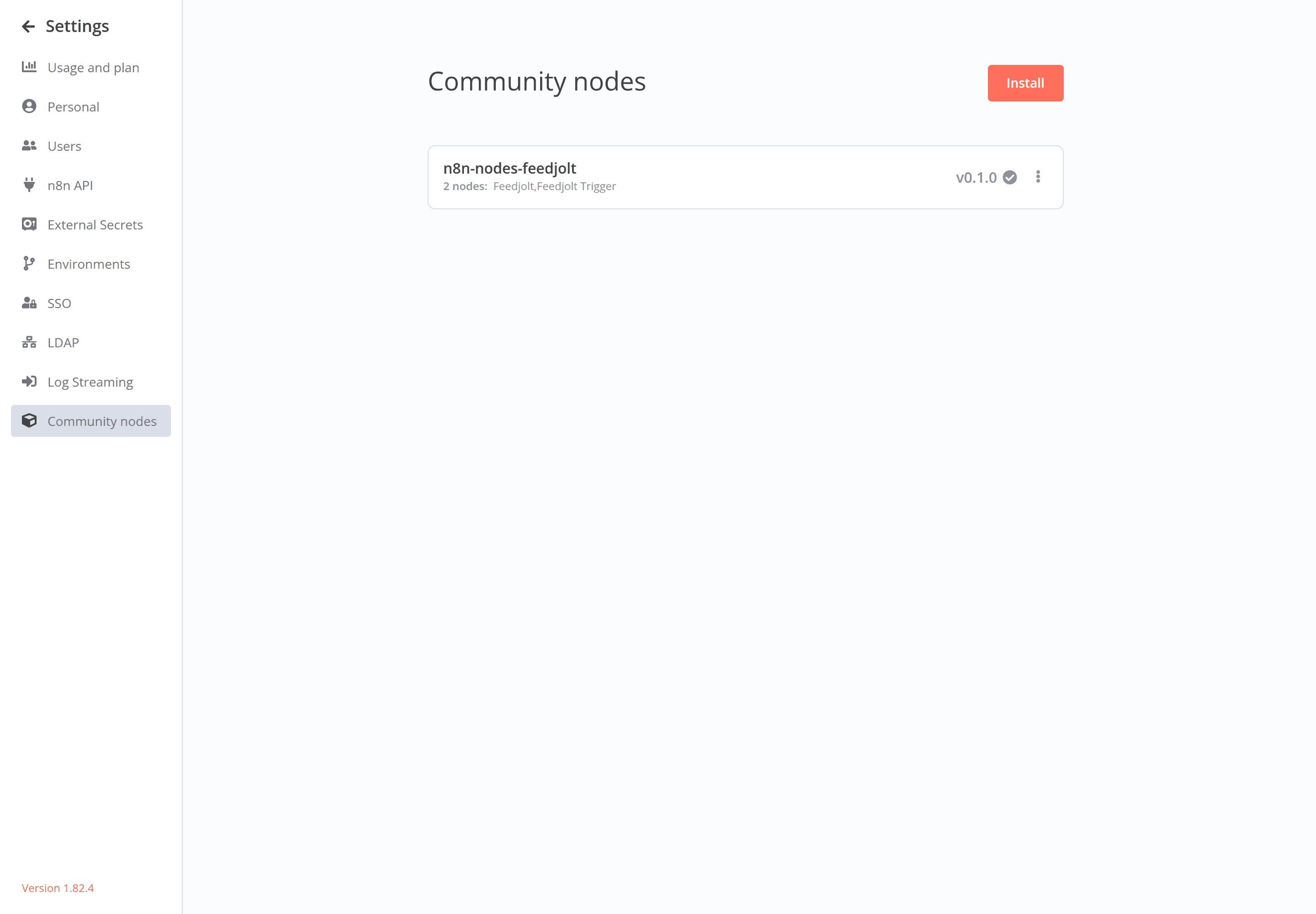 Ajustes → Nodos comunitarios de n8n con Feedjolt instalado.