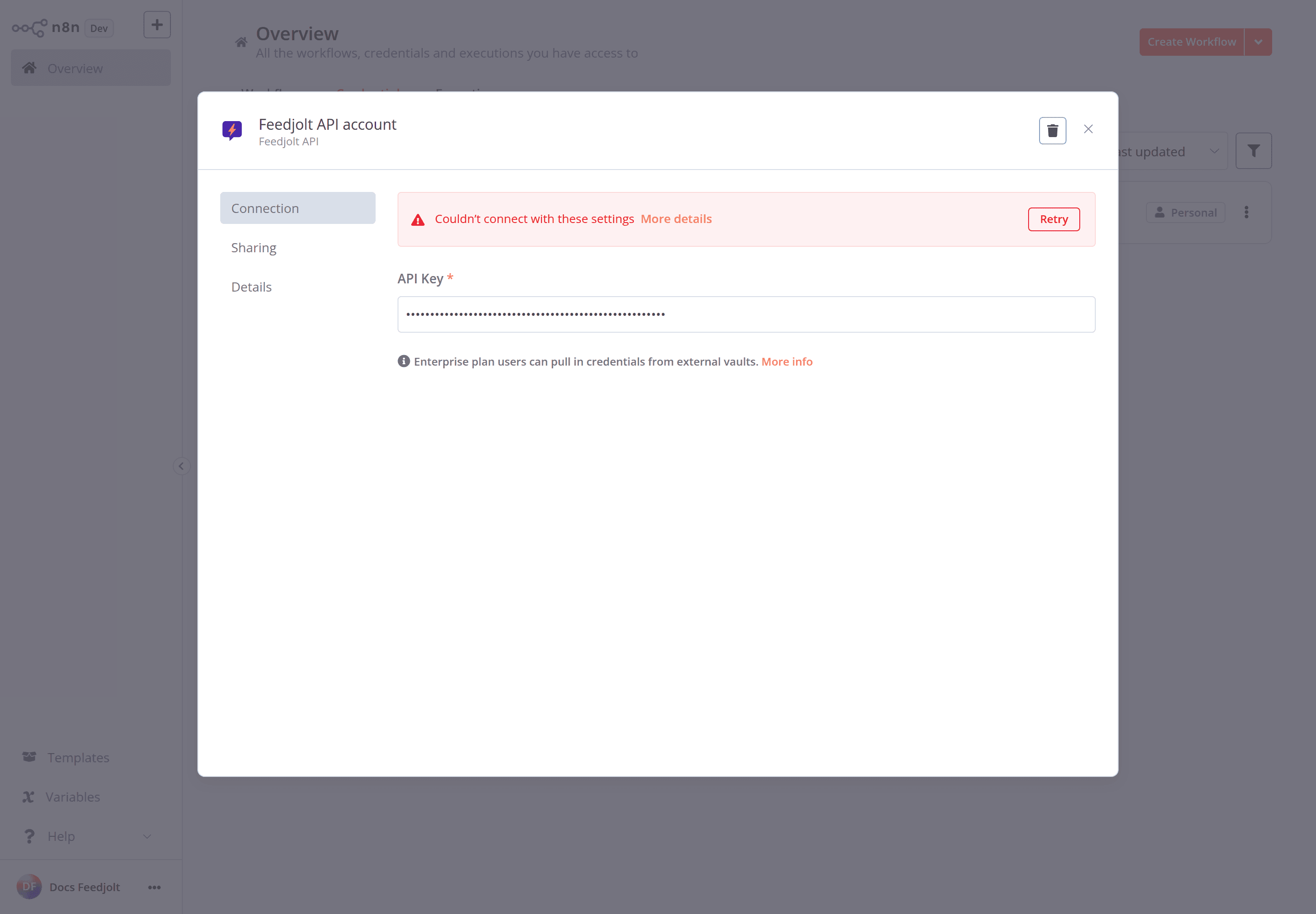 Formulario de credencial Feedjolt API en n8n, campo de clave API fjk_.