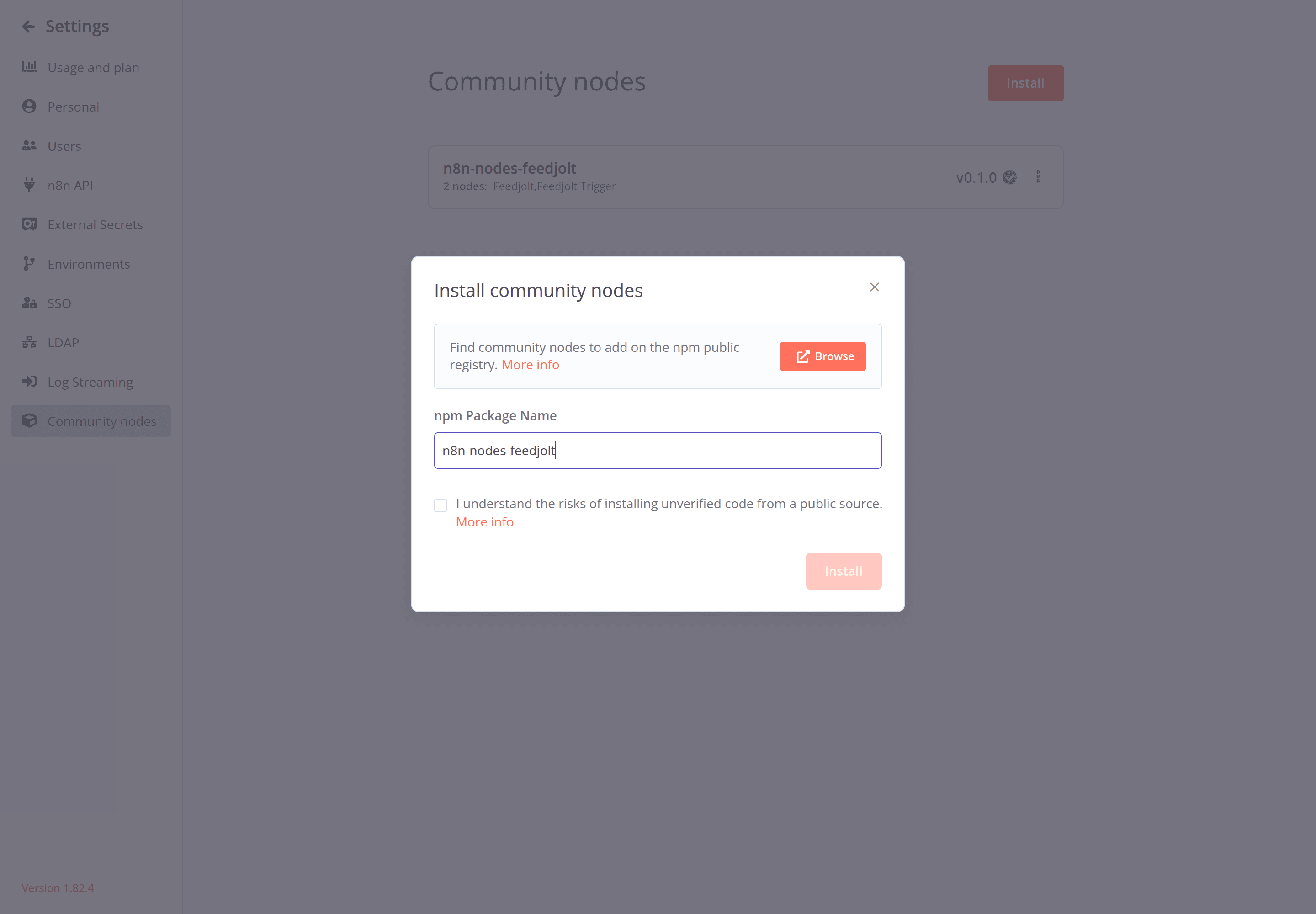 Diálogo de instalar un nodo comunitario con el paquete n8n-nodes-feedjolt.